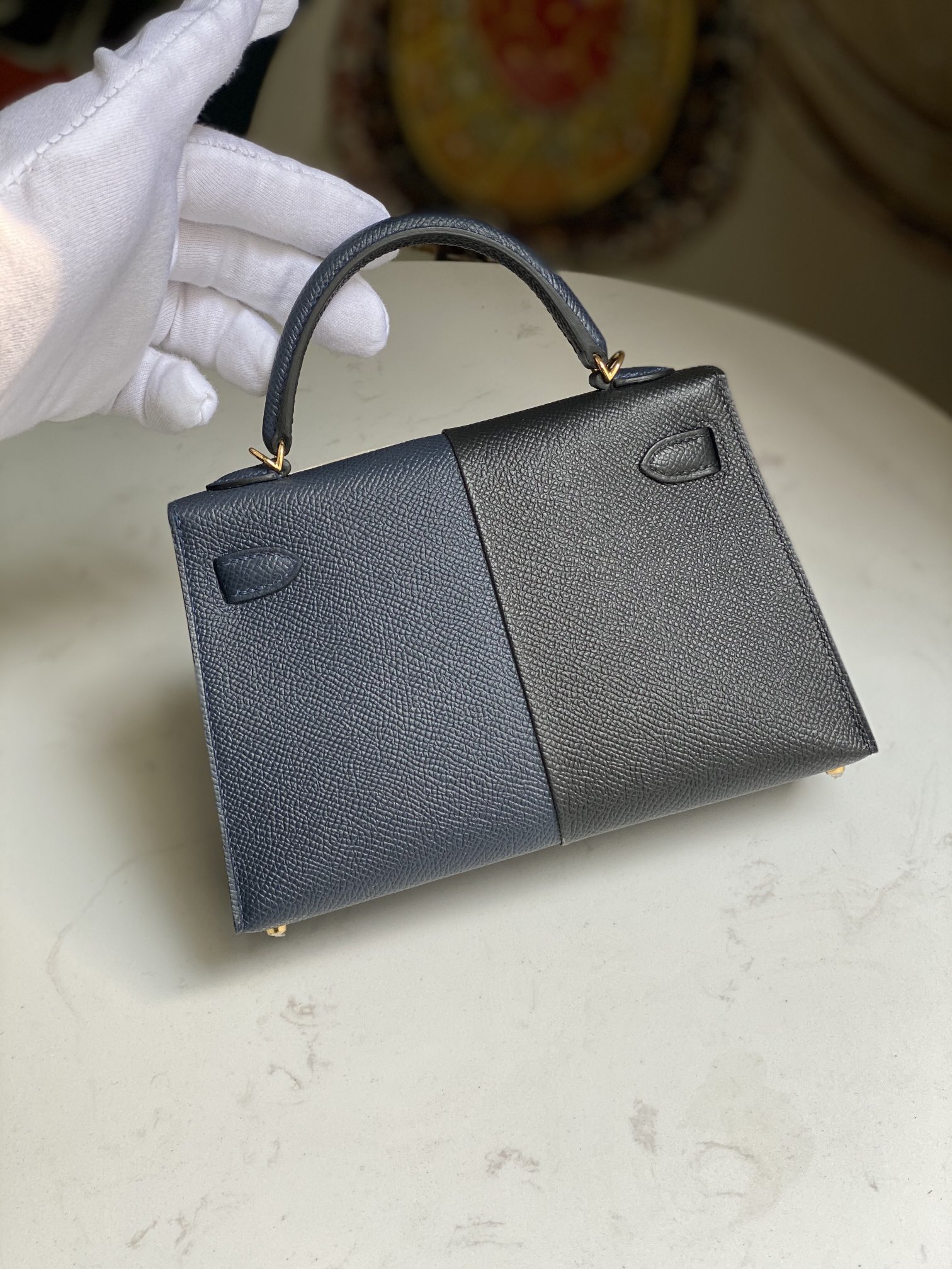 에르메스 미니 켈리백 블랙 미드나잇블루 금장 앱송